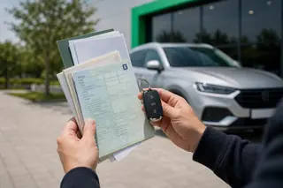 Mâini care țin actele mașinii (cartea de identitate a vehiculului și certificatul de înmatriculare) și o cheie auto, în fața unei mașini