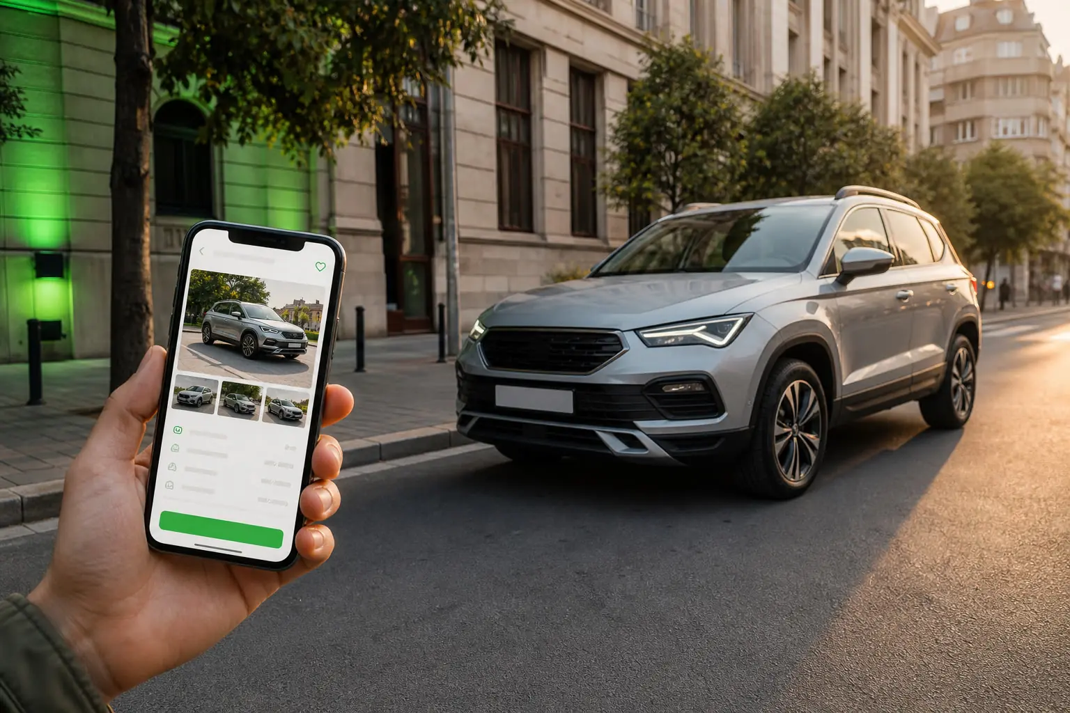 Mașină rulată fotografiată pentru un anunț online pe Autovit sau OLX, cu telefon care afișează o listare auto