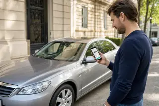 Proprietar care verifică pe telefon cât valorează mașina sa, lângă un sedan argintiu parcat pe stradă