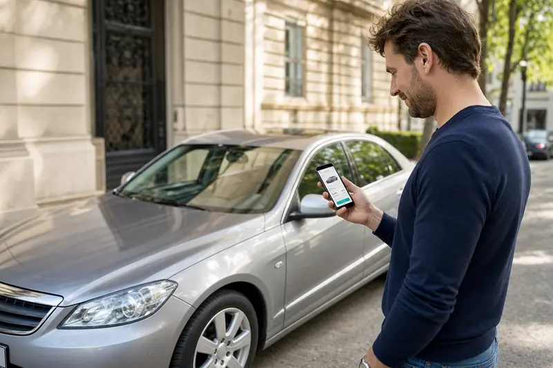 Proprietar care verifică pe telefon cât valorează mașina sa, lângă un sedan argintiu parcat pe stradă