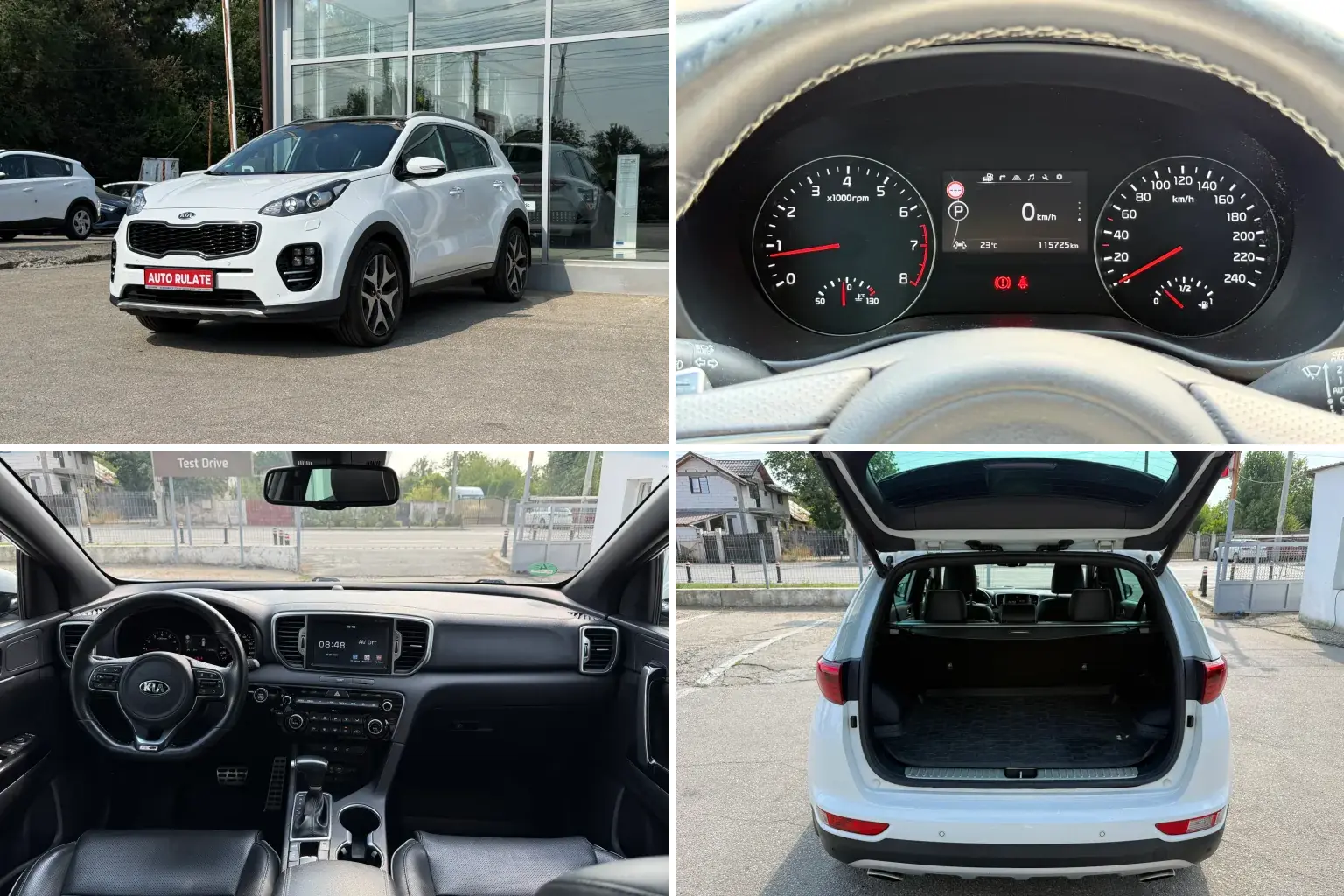 Set de fotografii pentru anunțul unui SUV alb: exteriorul din unghiul de 3/4, în fața unui showroom, bordul cu kilometrajul, interiorul din față și portbagajul deschis