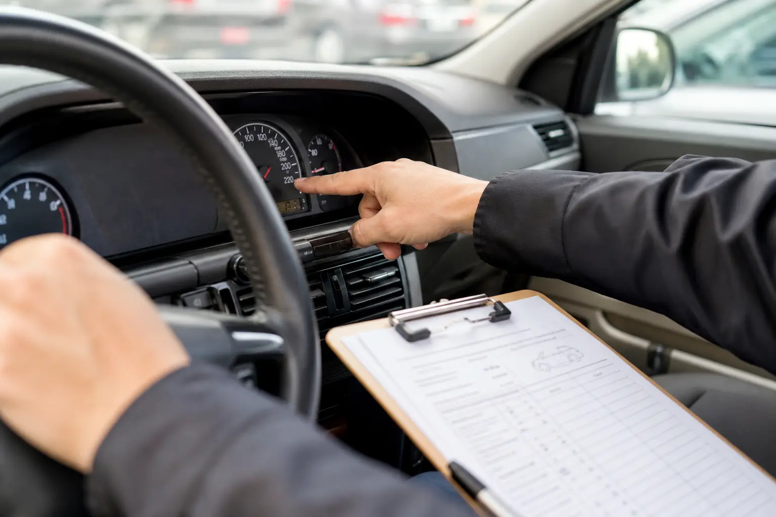 Inspector auto care verifică kilometrajul și starea unei mașini second hand la evaluare